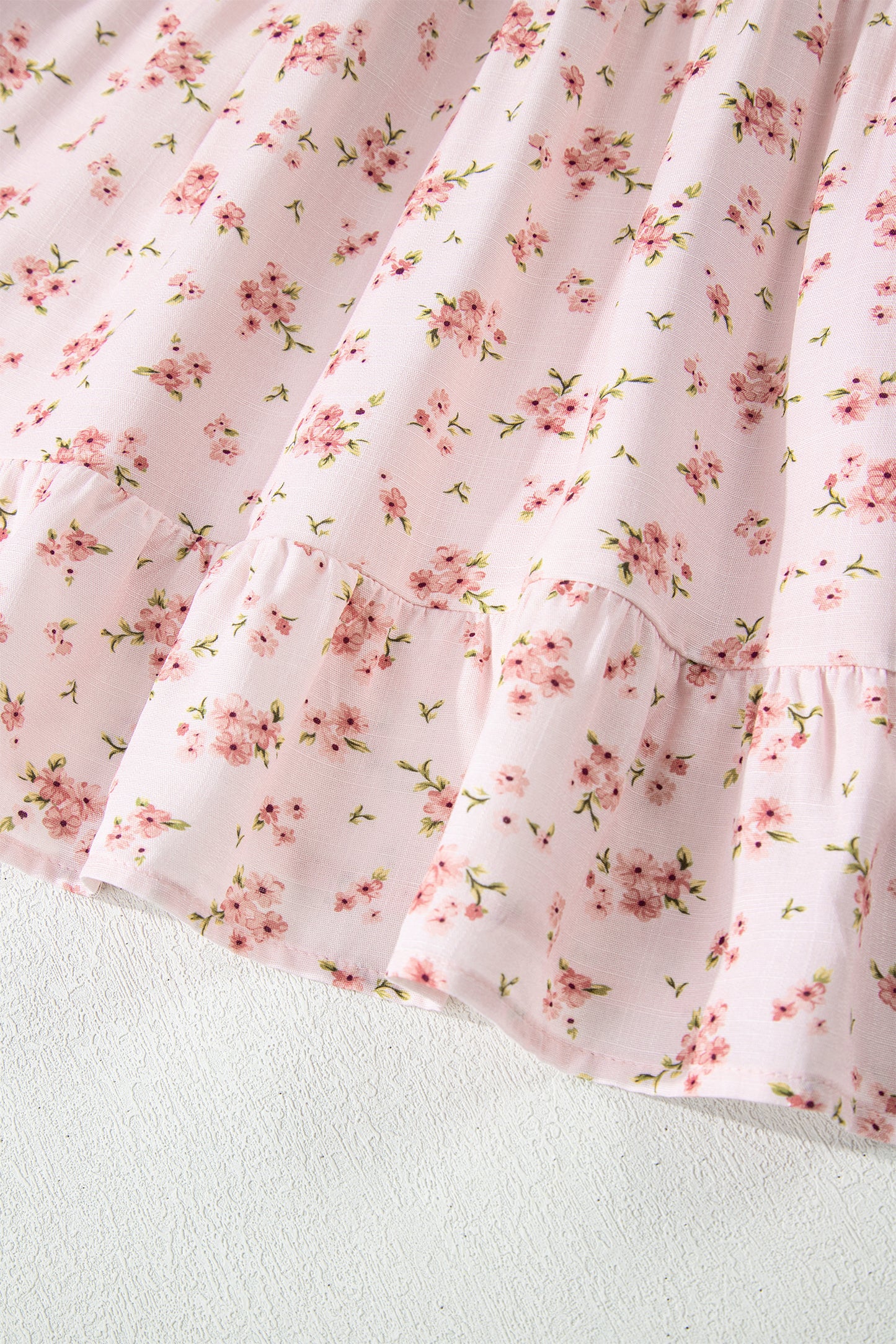 Cali Chic Women Dress Pink Front Tie Shirred Waist Short Sleeve Ruffled Floral Mini Dress - Cali Chic