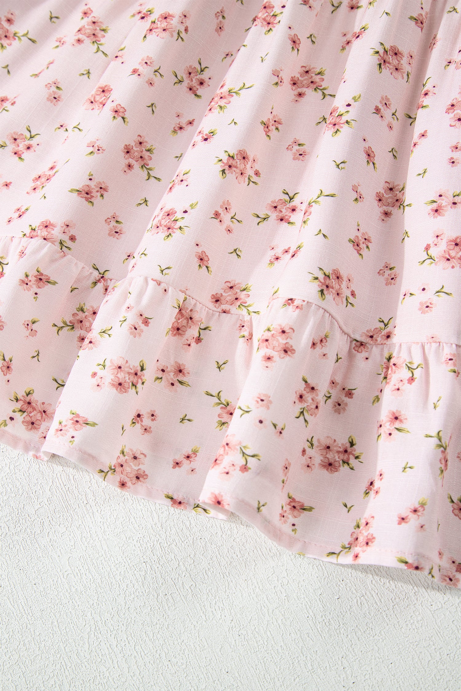 Cali Chic Women Dress Pink Front Tie Shirred Waist Short Sleeve Ruffled Floral Mini Dress - Cali Chic