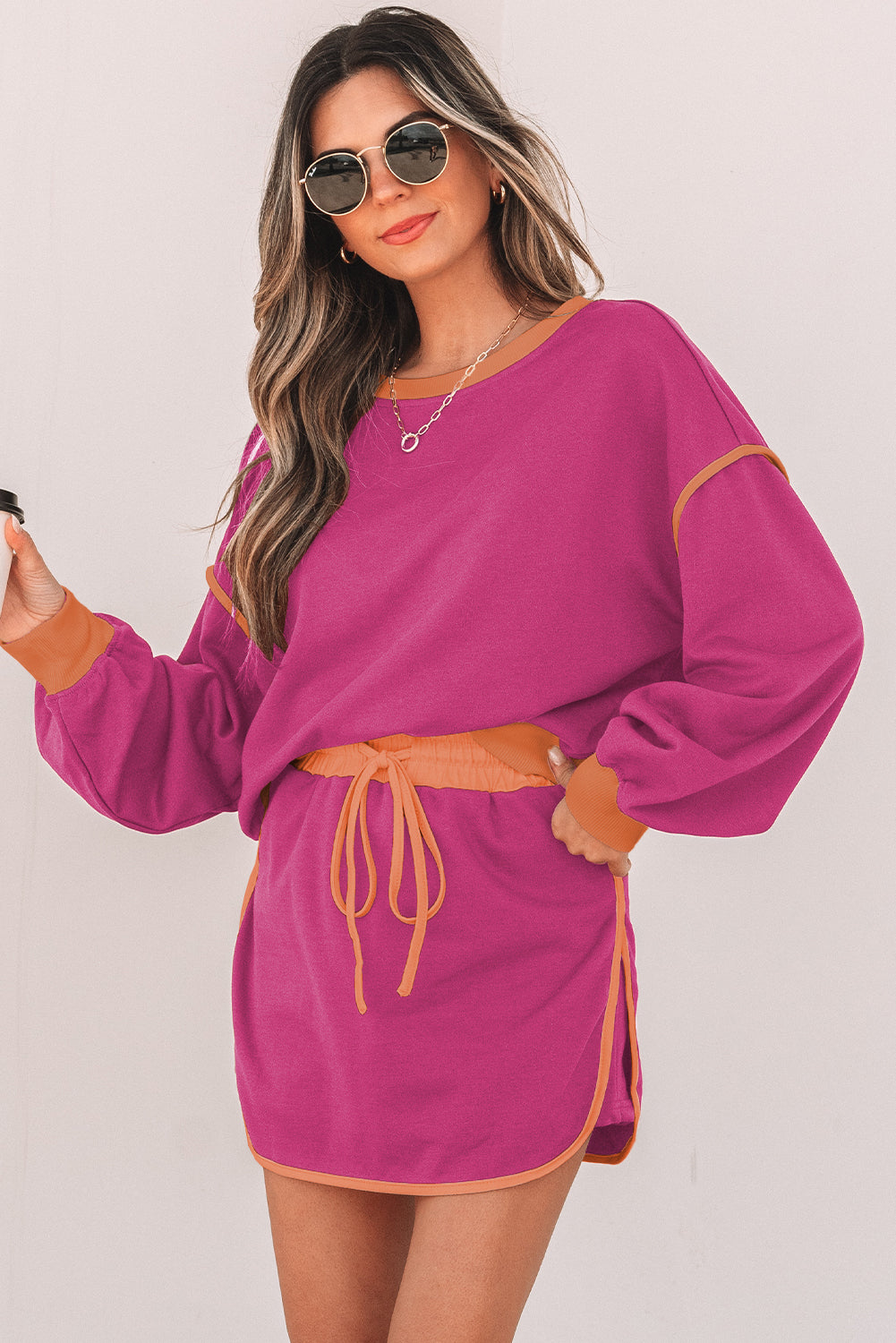 Cali Chic Rose Red Color Contrast Loose Pullover and Lace-up Waist Skort Set