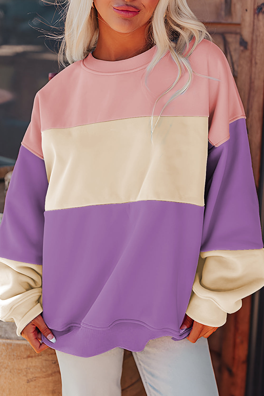 Cali Chic Women Sweatshirt Blossom Color Block Patchwork Drop Shoulder Pullover