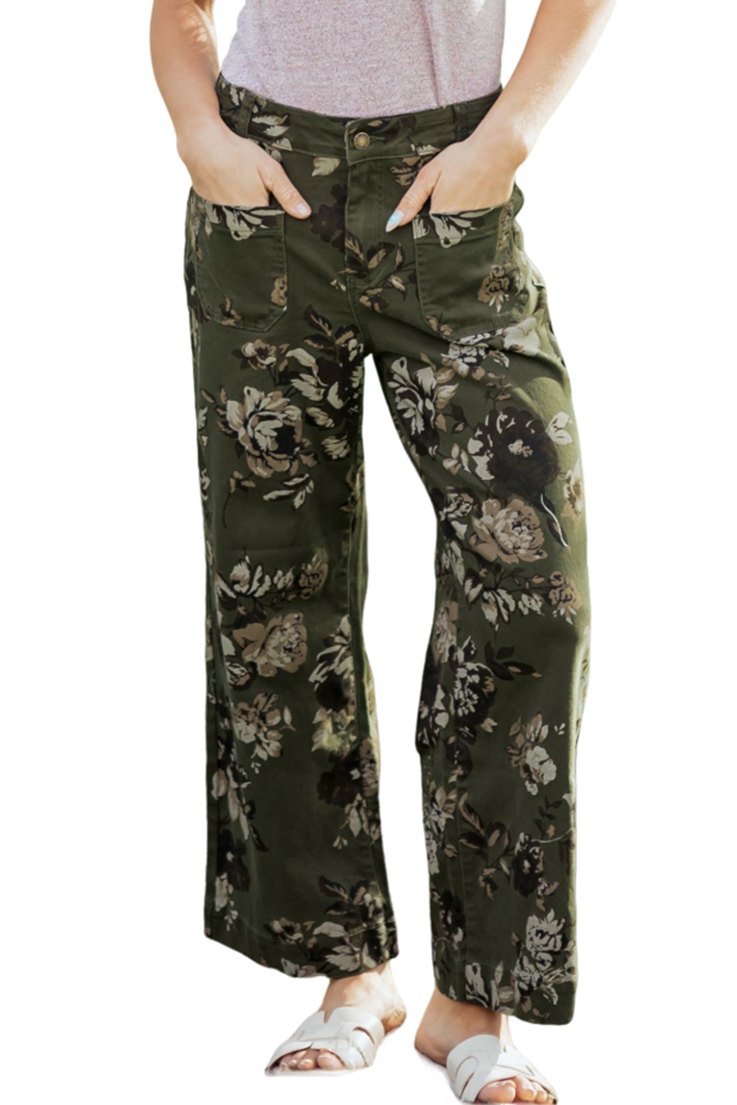 Cali Chic women's green vintage floral print jeans with patch pockets and raw hem, casual shift style bottoms.