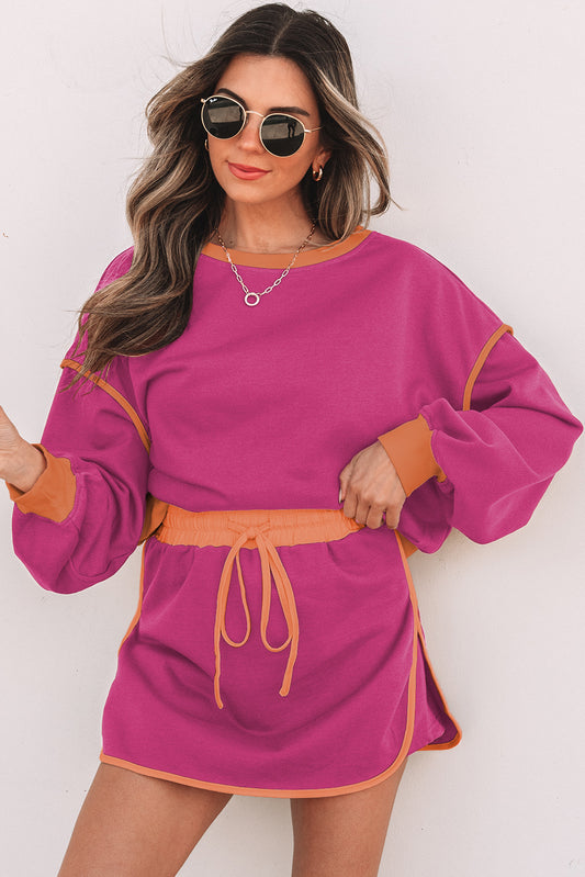 Cali Chic Rose Red Color Contrast Loose Pullover and Lace-up Waist Skort Set