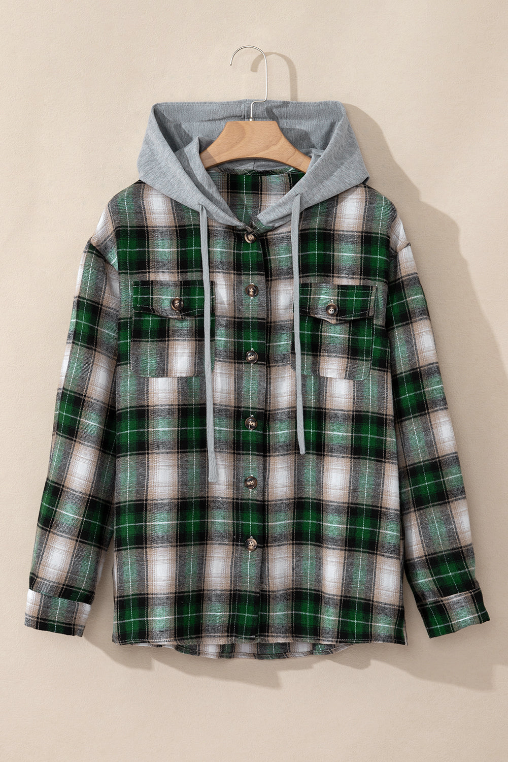 Green Plaid Print Chest Pocket Buttoned Hooded Shacket - Cali Chic