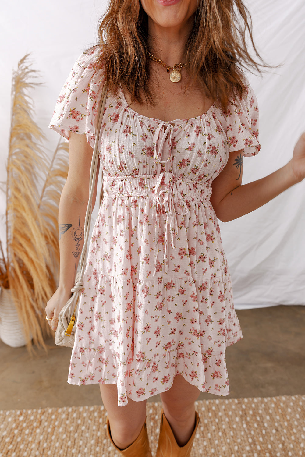 Cali Chic Women Dress Pink Front Tie Shirred Waist Short Sleeve Ruffled Floral Mini Dress - Cali Chic