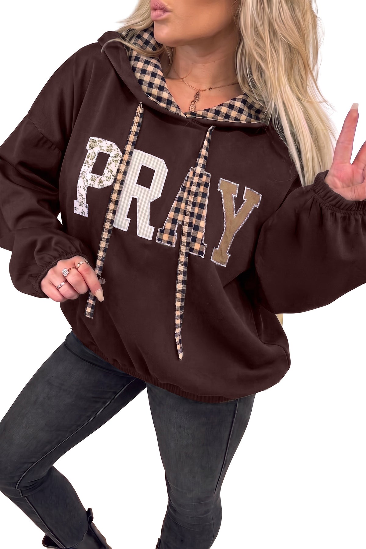 Cali Chic Women's Sweatshirt PRAY Mix Pattern Letter Graphic Plaid Contrast Drawstring Hoodie