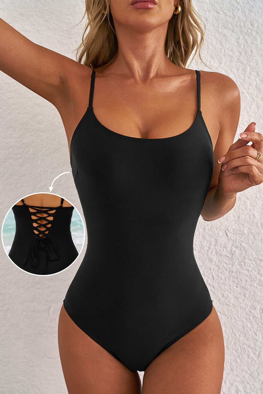 Cali Chic Women Swimsuit Black Thin Strap Strappy Lace-up Open Back One Piece Swimsuit - Cali Chic