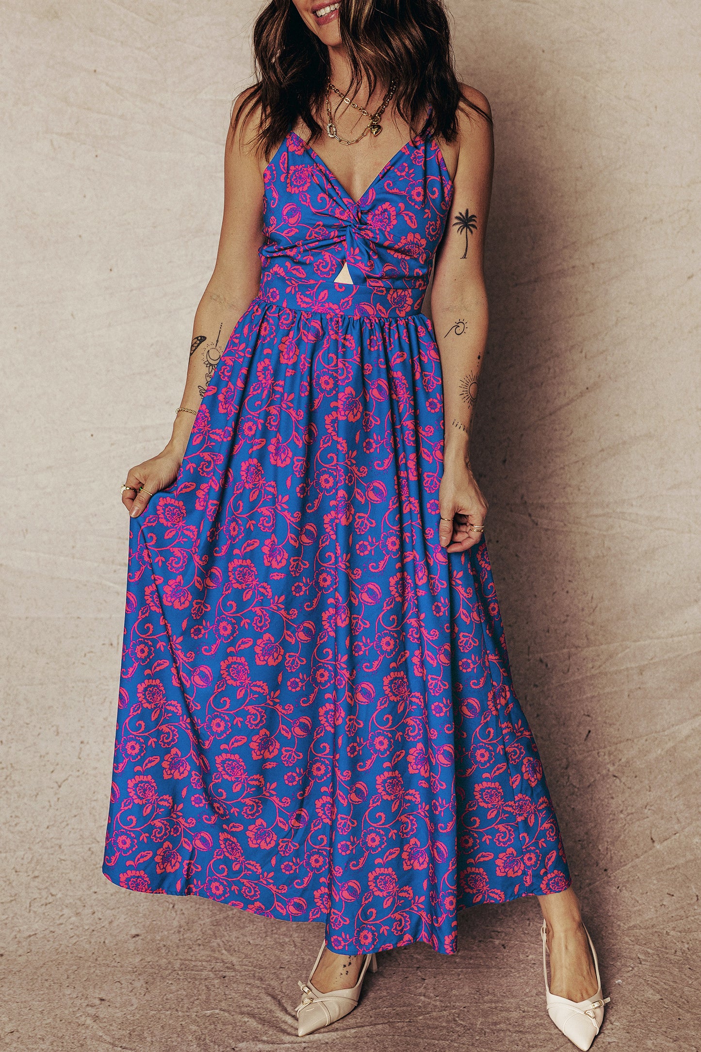 Cali Chic Women Dress Blue Floral Print Twisted V Neck Tied Backless Maxi Dress - Cali Chic