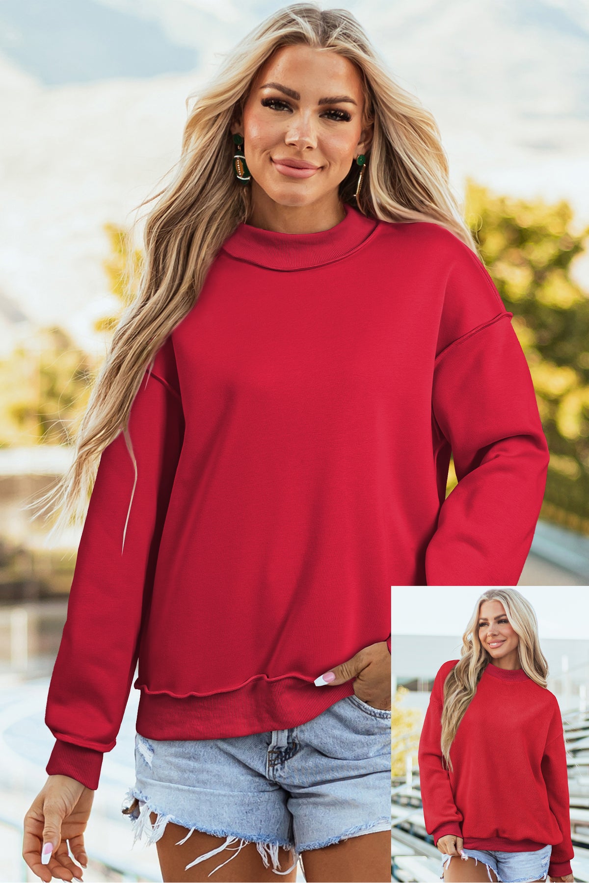 Cali Chic Women's Sweatshirt Oversized Drop Shoulder Reversible Mock Neck Sweatshirt