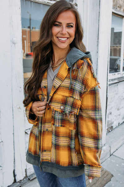 Cali Chic Orange Plaid Patch Hooded Frayed Snap Button Jacket