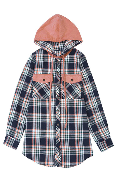 Cali Chic Pink Contrast Hooded Drawstring Plaid Shacket