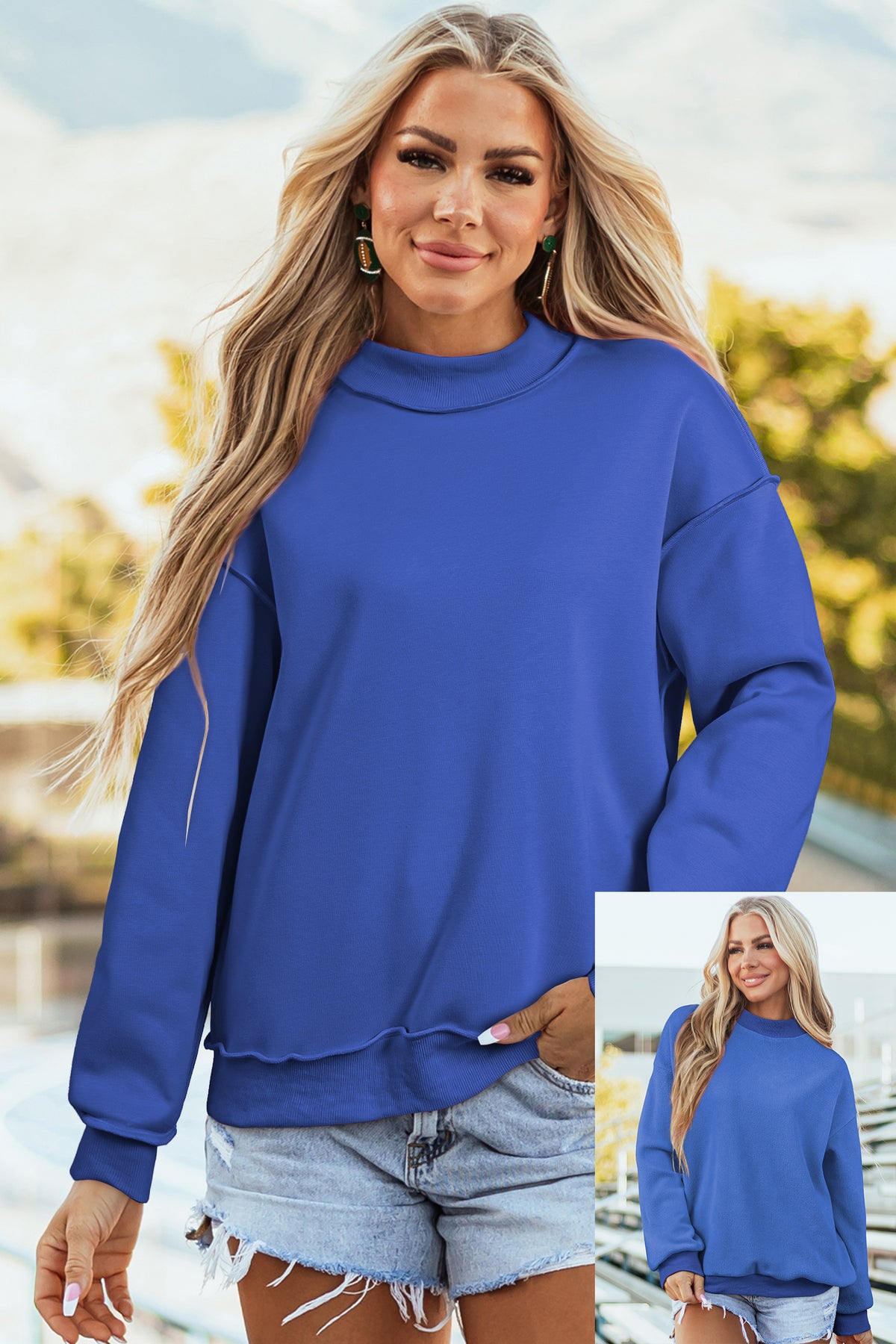 Cali Chic Women's Sweatshirt Oversized Drop Shoulder Reversible Mock Neck Sweatshirt