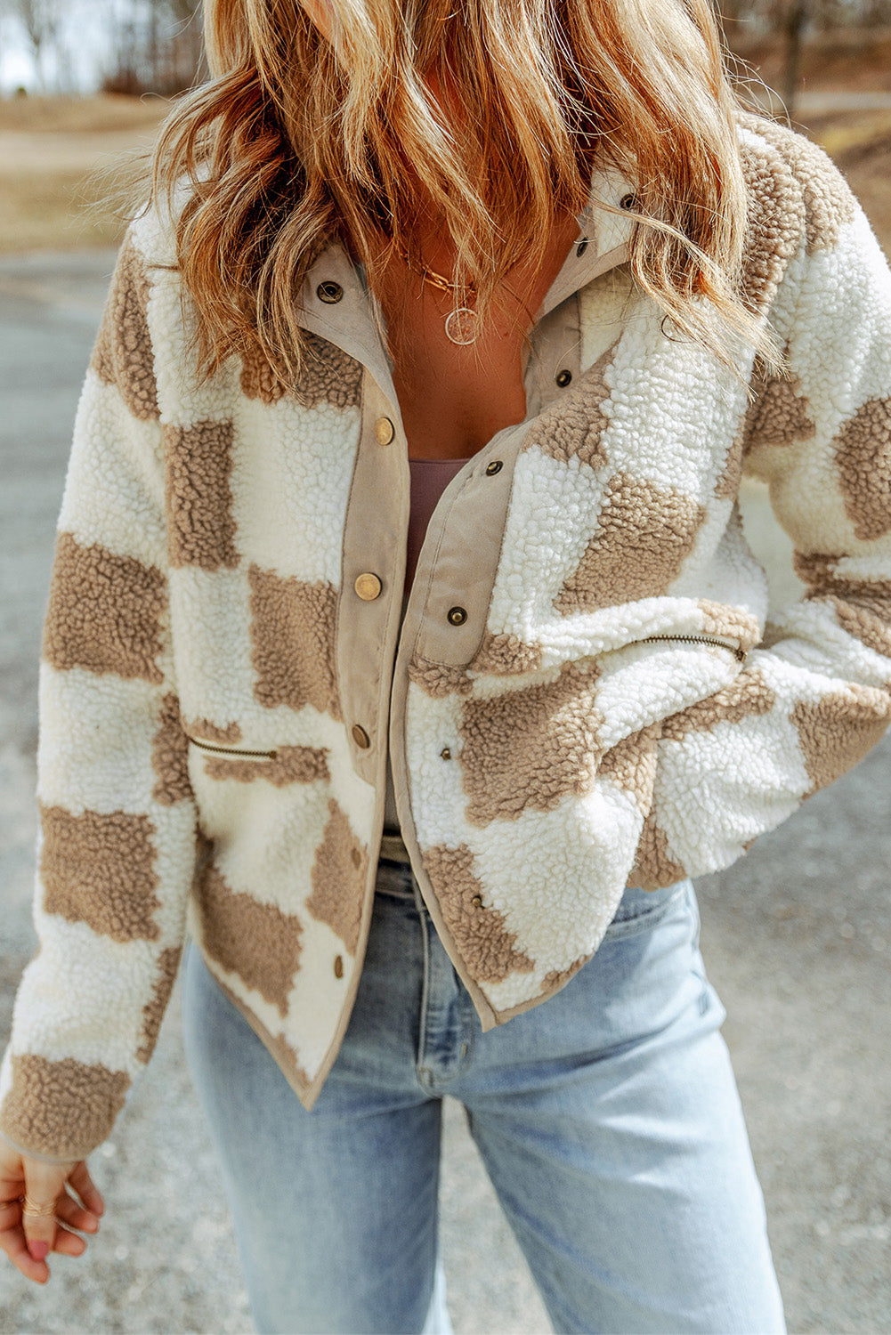Cali Chic Brown Checked Snap Button Sherpa Jacket