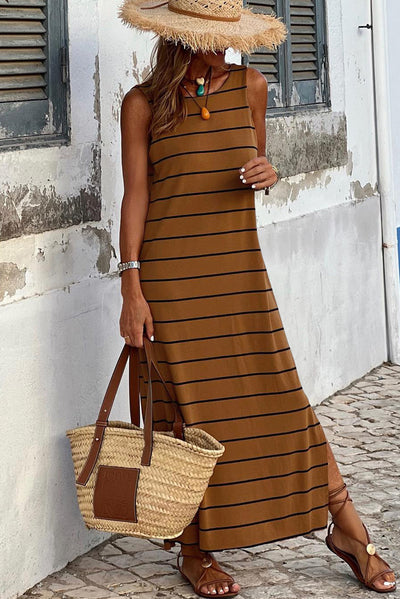 Cali Chic Brown Stripe Print Open Back Sleeveless Maxi Dress with Slits
