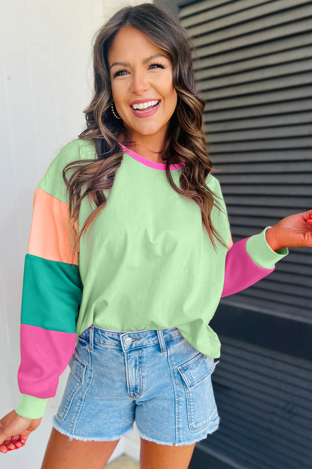 Cali Chic Women Sweatshirt Green Color block Patchwork Long Sleeve Loose Top