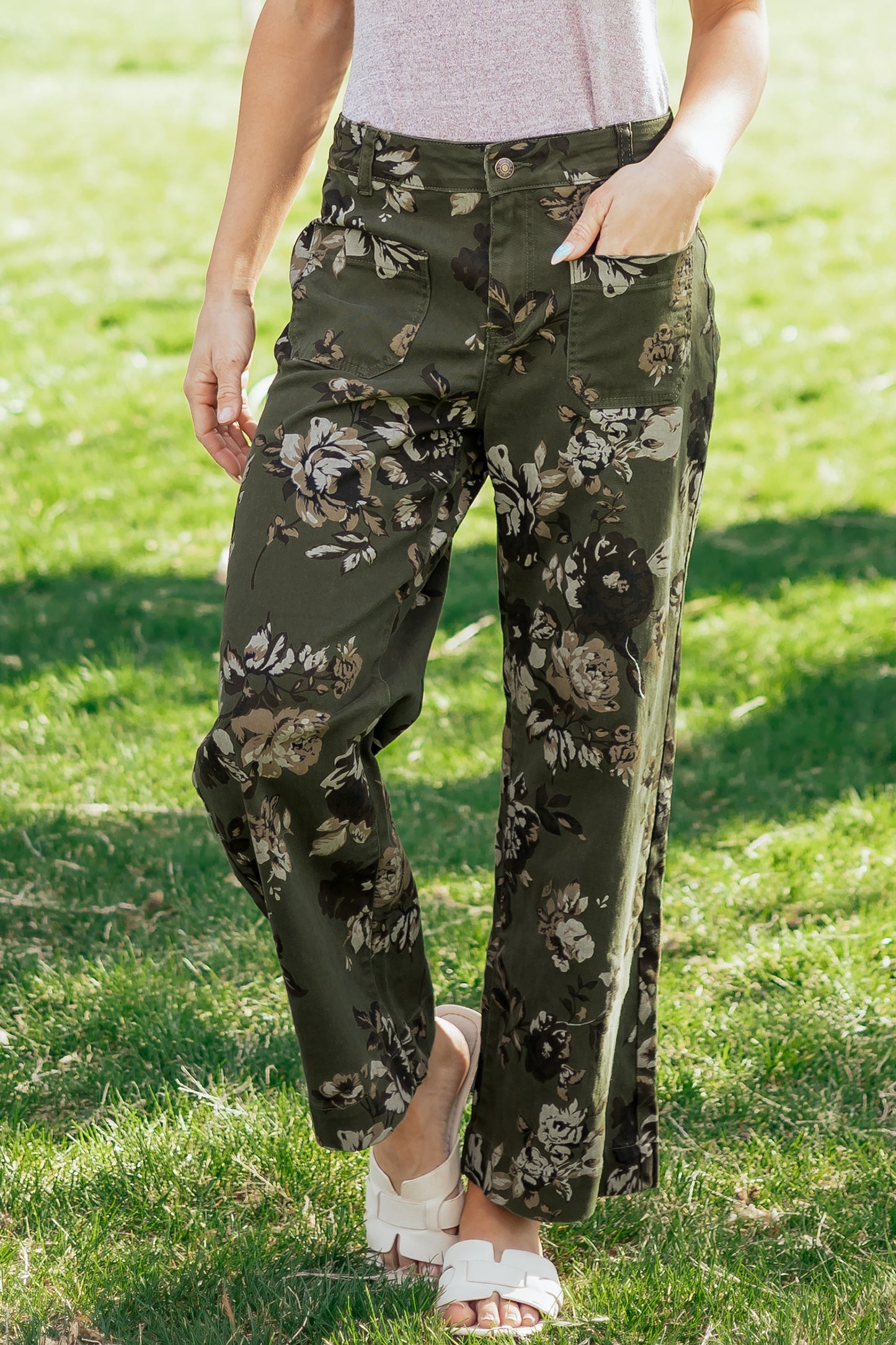 Cali Chic women's green vintage floral print jeans with square patch pockets and raw hem, casual shift style bottoms.