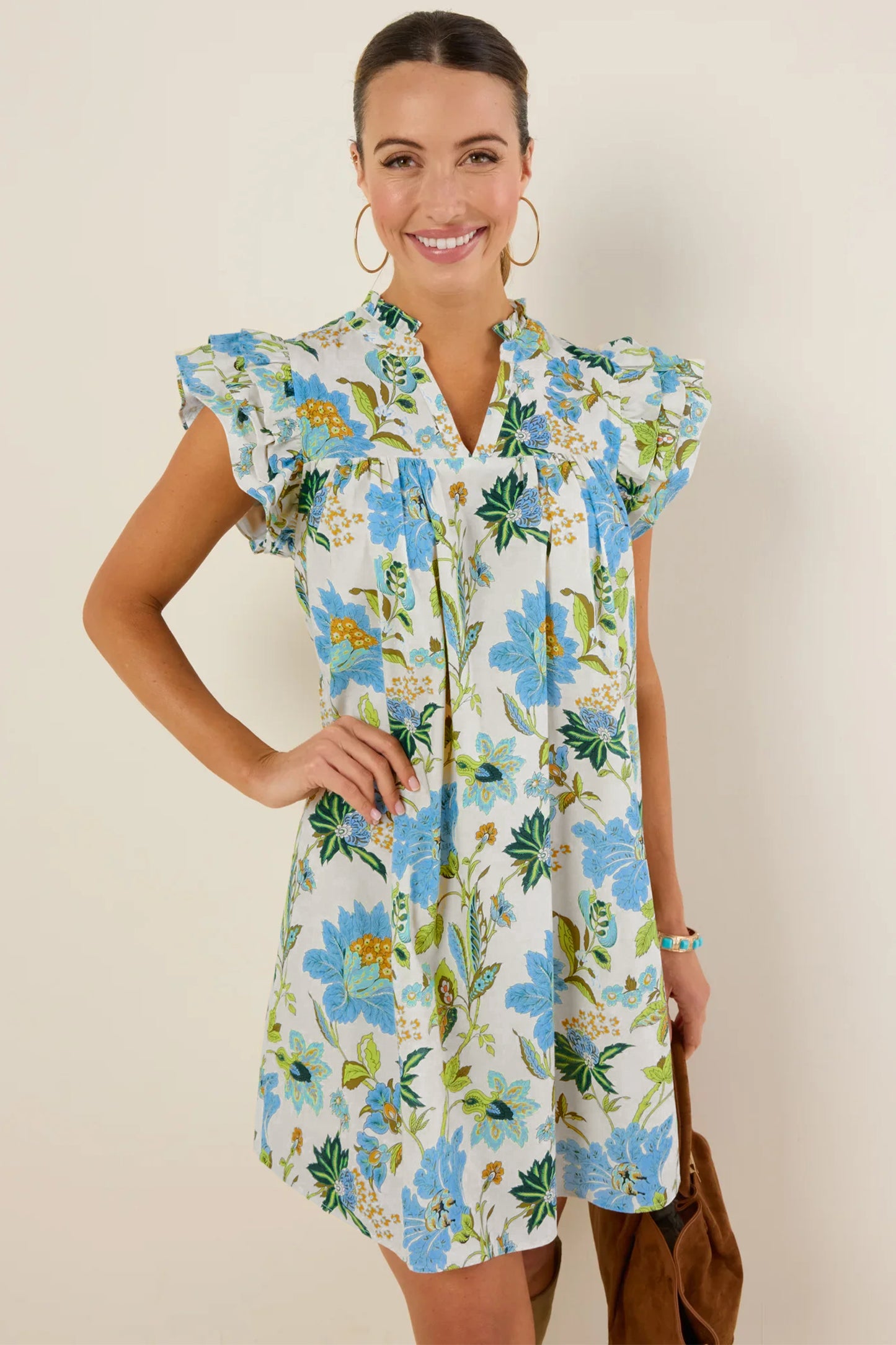 Cali Chic Women Dress Beige Floral Print V Neck Triple Ruffle Short Sleeve Shift Mini Dress - Cali Chic