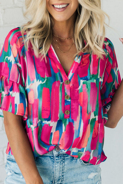 Rose Abstract Brushwork Print Buttoned V Neck Blouse