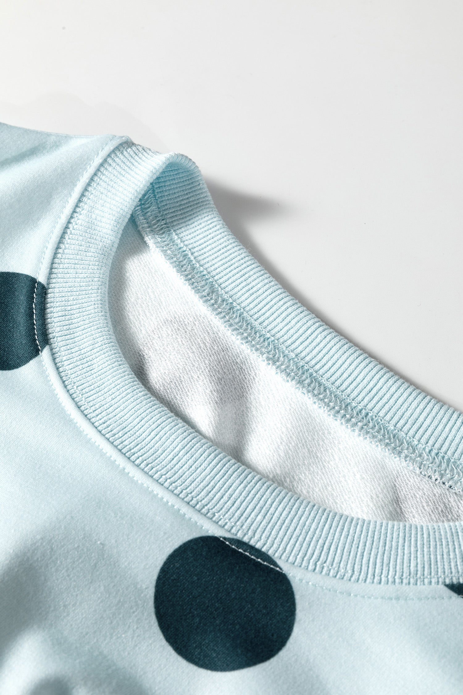 Cali Chic Women Sky Blue Polka Dot Print Drop Shoulder Pullover Drawstring Shorts Set - Cali Chic