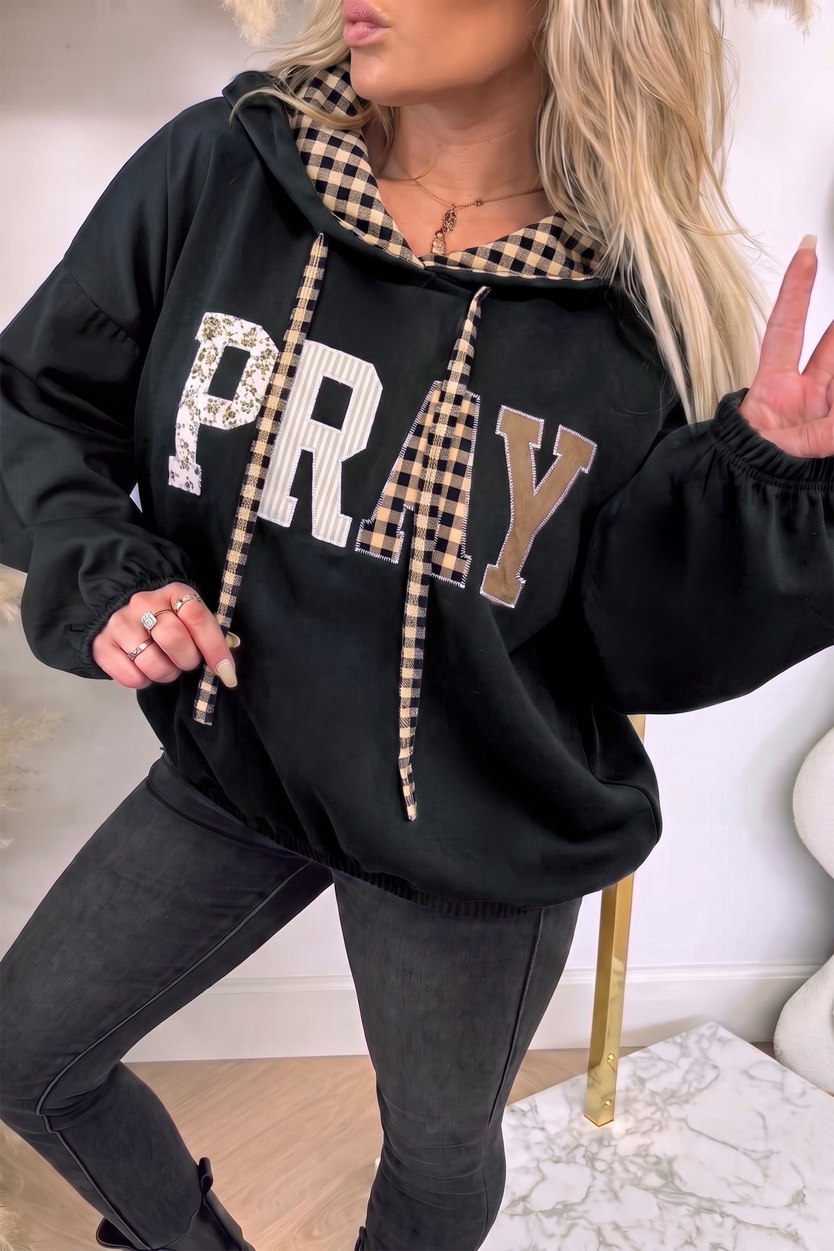 Cali Chic Women's Sweatshirt PRAY Mix Pattern Letter Graphic Plaid Contrast Drawstring Hoodie