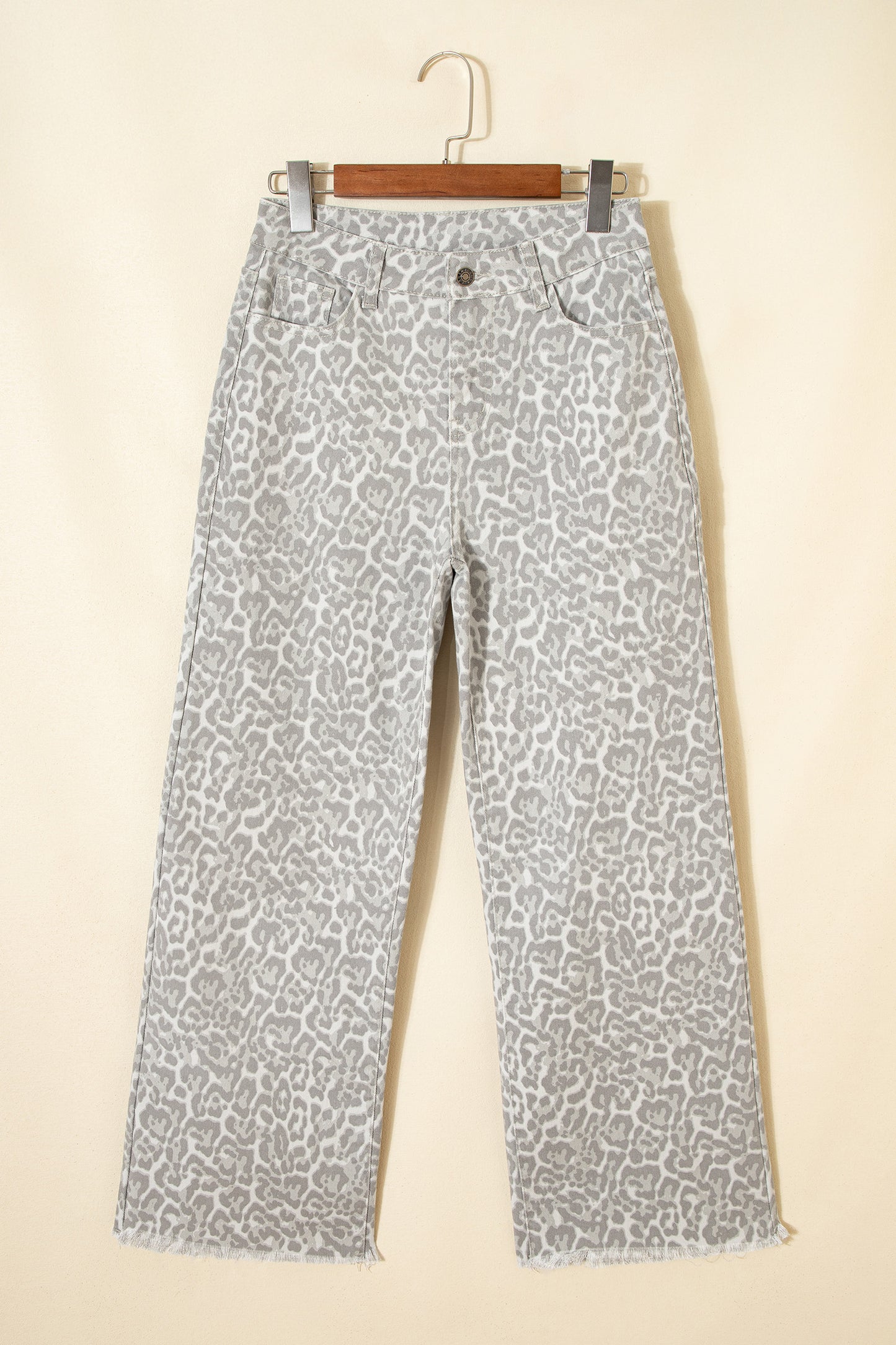 Cali Chic Women Pant Gray Leopard Frayed Edge Wide Leg High Waist Jeans - Cali Chic