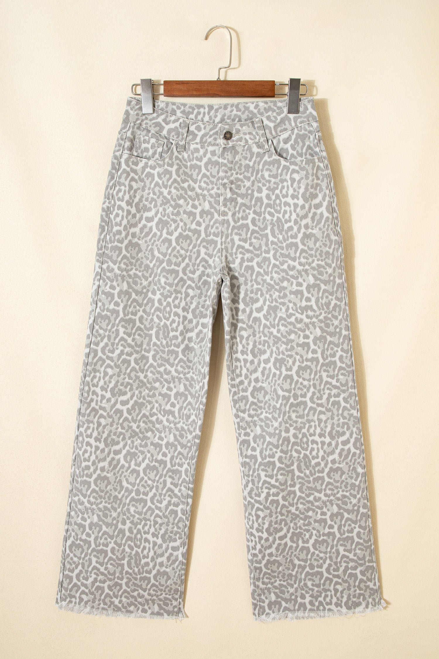 Cali Chic Women Pant Gray Leopard Frayed Edge Wide Leg High Waist Jeans - Cali Chic