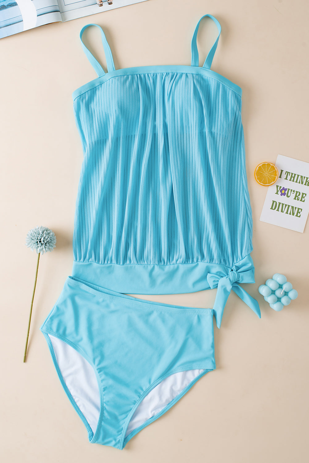Cali Chic Swimsuit Turquoise Striped Mesh Knotted Hem Tankini Swimsuit