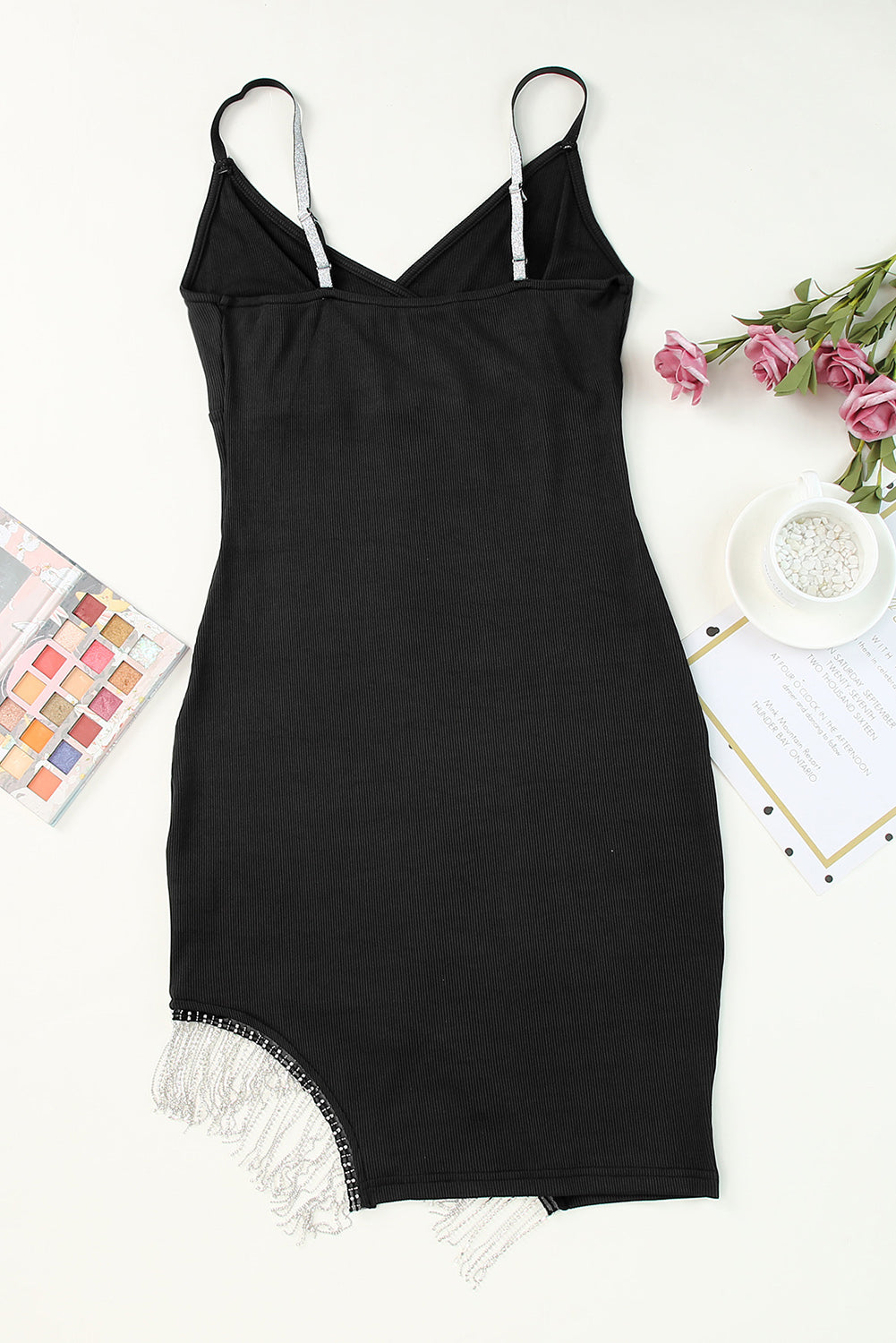 Black Strappy Rhinestone Tassel Mini Dress