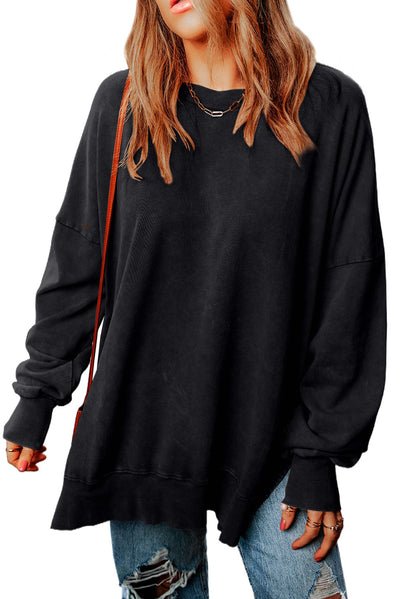 Cali Chic Women Black Drop Shoulder Ribbed Trim Oversized Sweatshirt