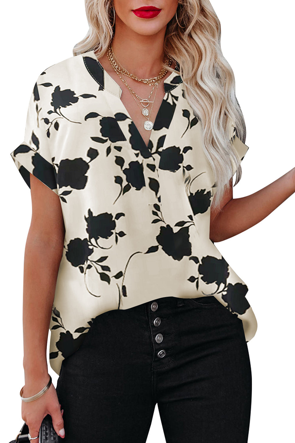 Apricot Floral Printed Short Sleeve Blouse