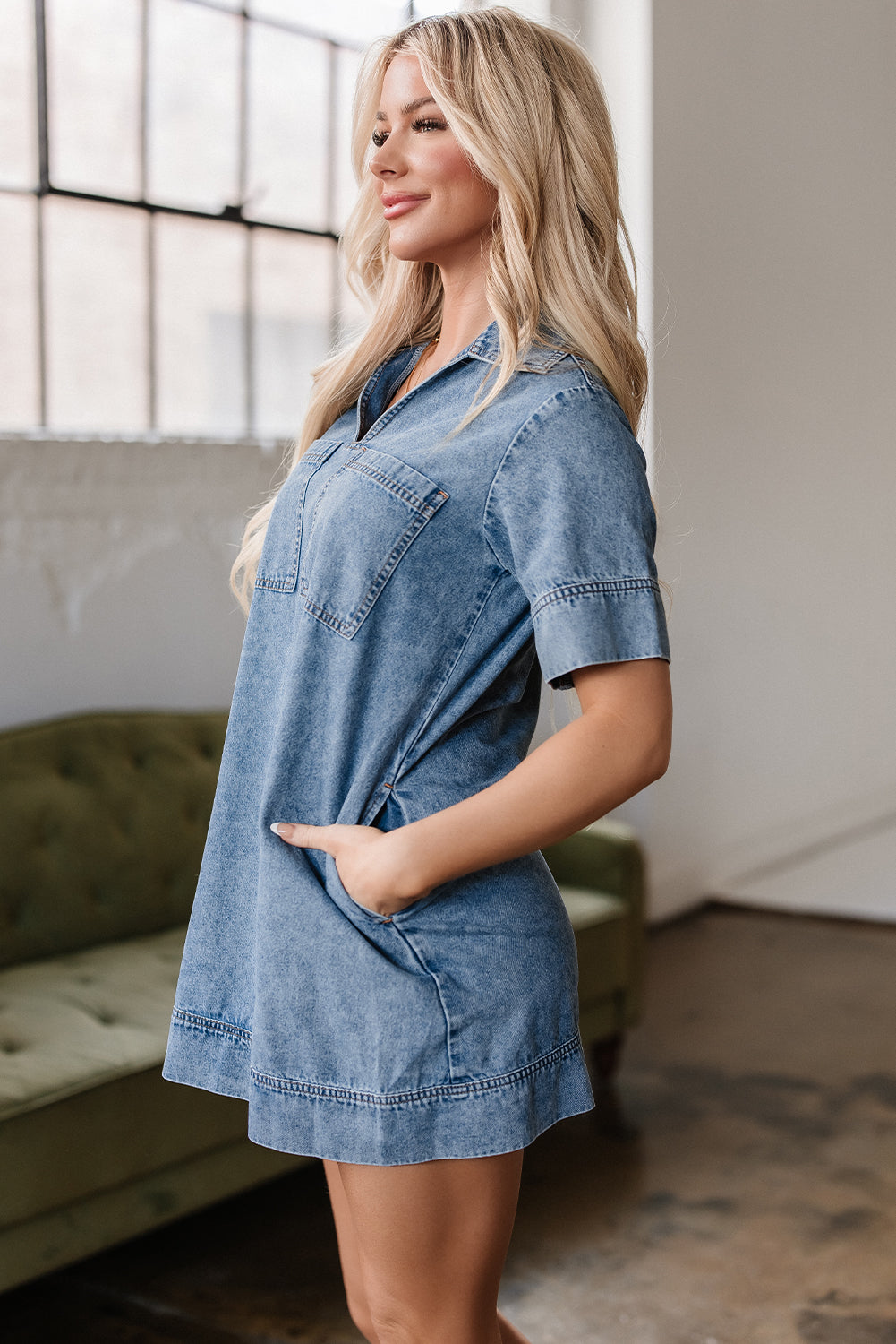 Cali Chic Women Dress Beau Blue Short Sleeve Collared Patched Pocket Denim Mini Dress - Cali Chic