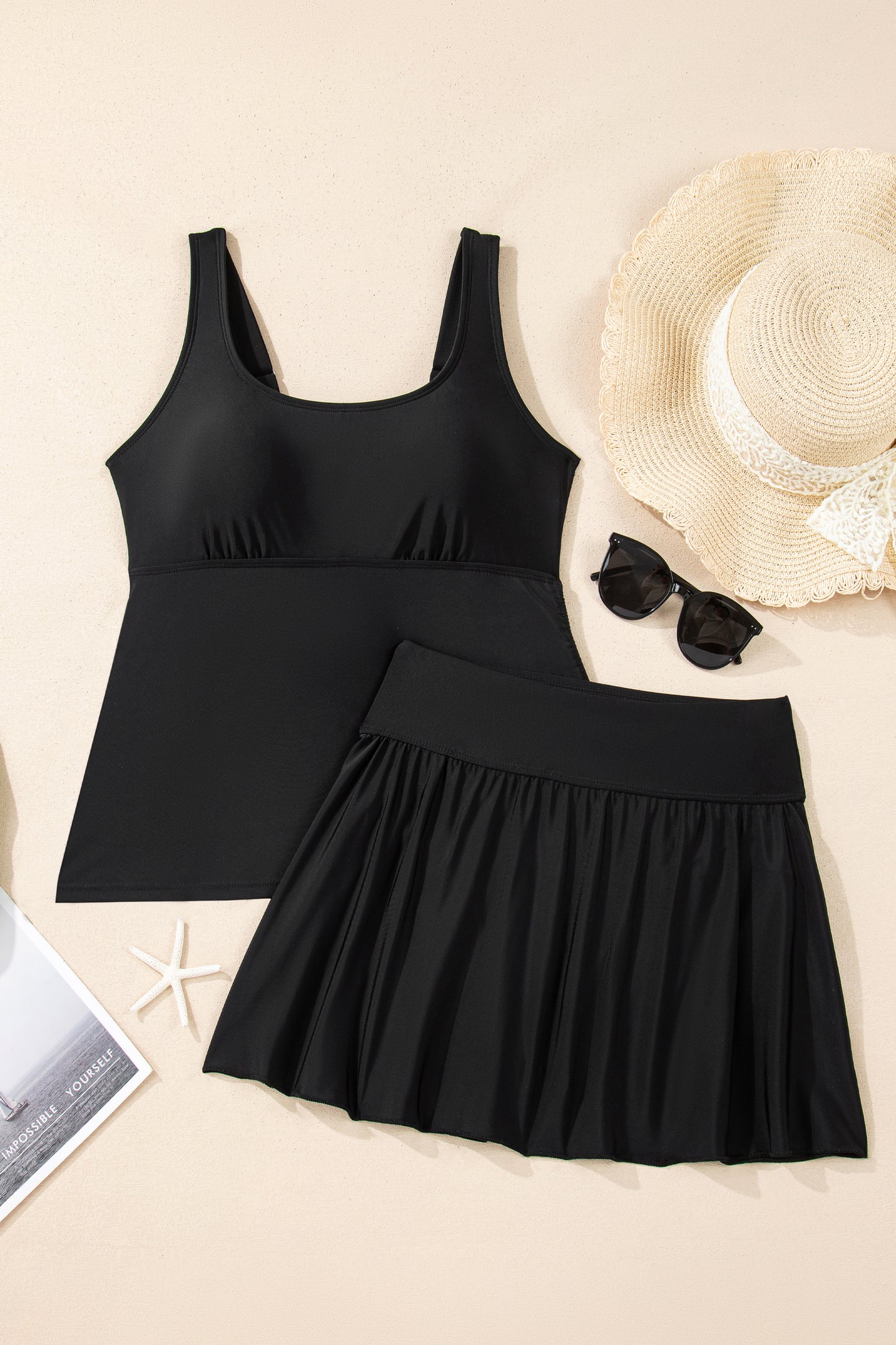 Cali Chic Women Swimsuit Black Scoop Neck Adjustable Tankini and Matching Skort Bathing Suit - Cali Chic