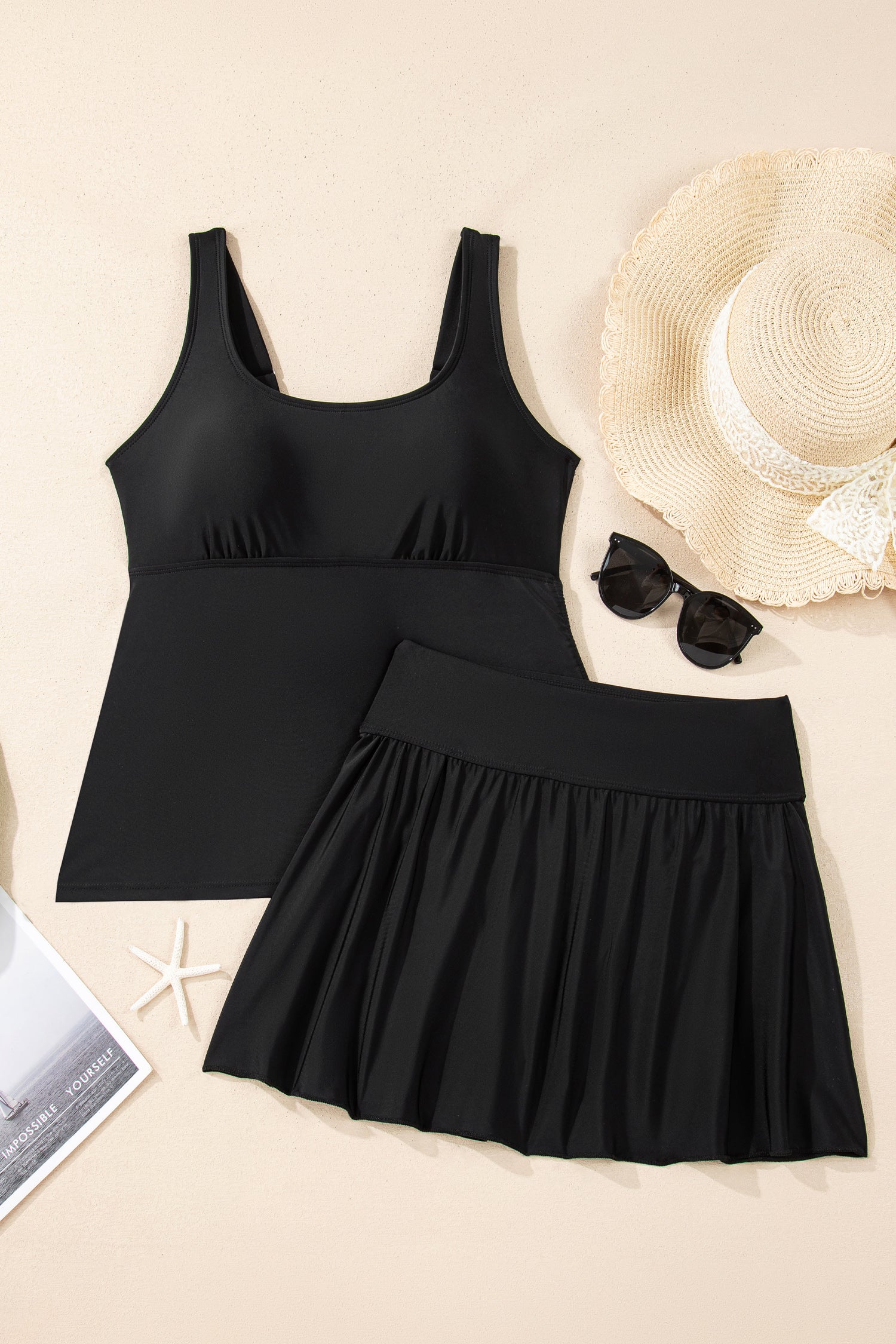 Cali Chic Women Swimsuit Black Scoop Neck Adjustable Tankini and Matching Skort Bathing Suit - Cali Chic