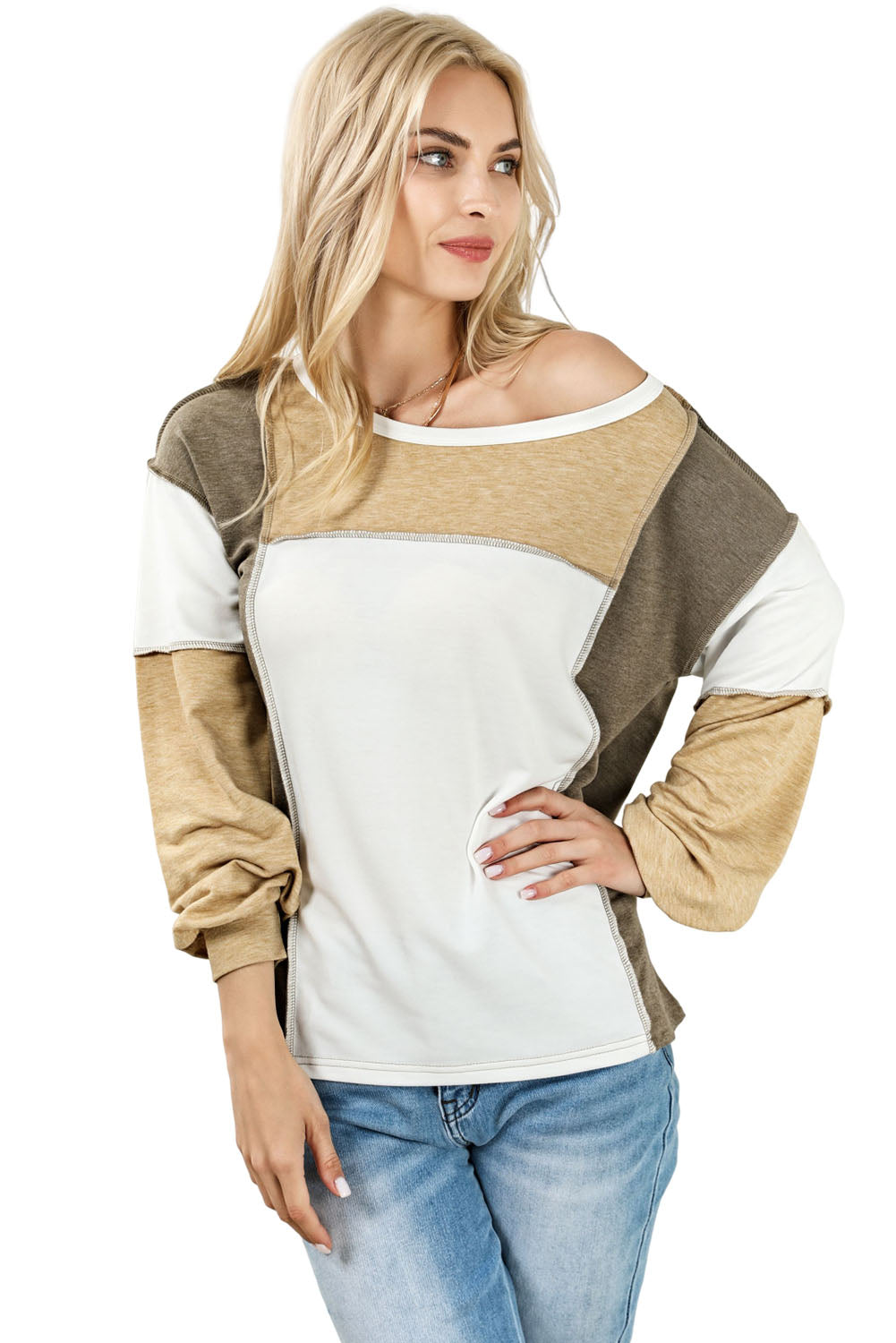 Cali Chic Khaki Exposed Seam Color Block Patchwork Top