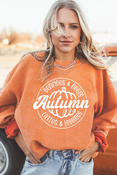 Cali Chic Orange Autumn Pumpkin Graphic Print Corded Oversized Sweatshirt