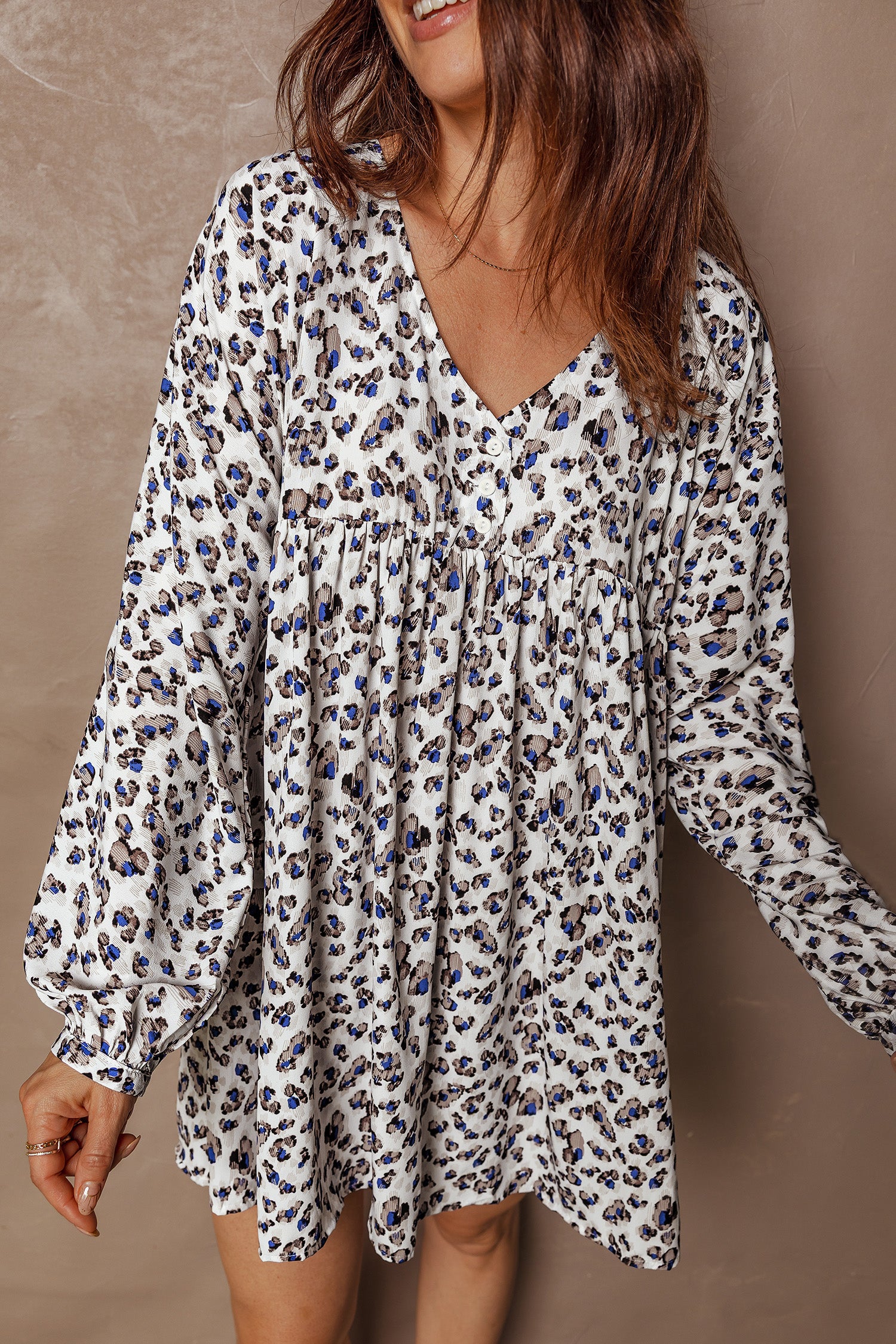 Cali Chic Women Dress Leopard Print V Neck Button Detail Long Sleeve Mini Dress - Cali Chic