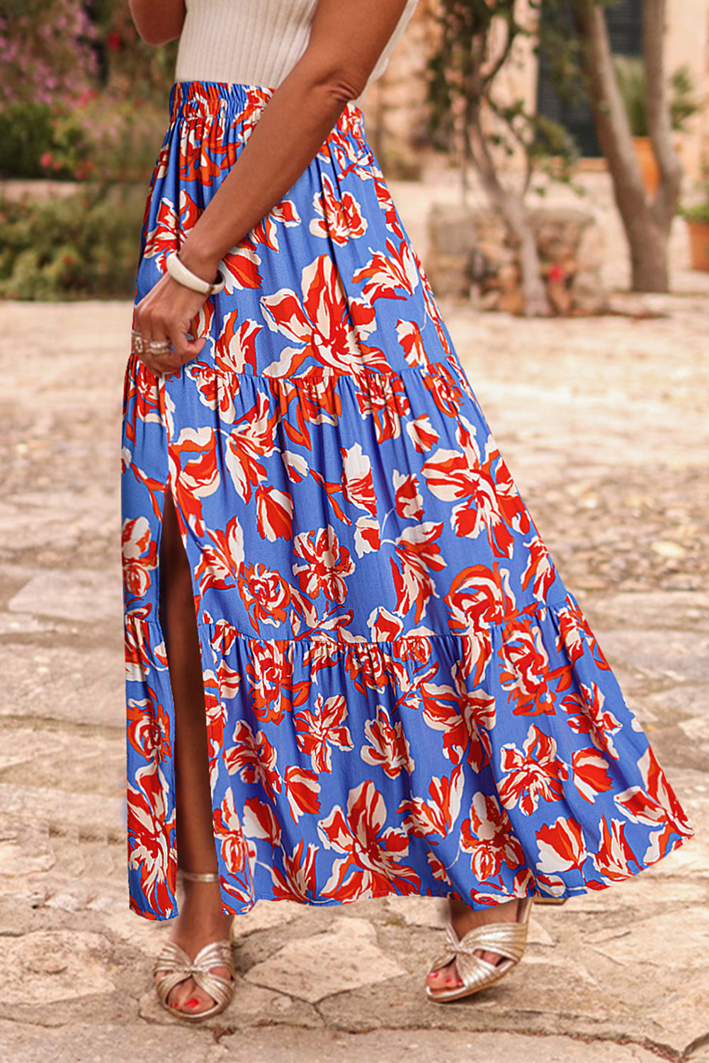Cali Chic Women Dress Blue Bohemian Floral Print Tiered Maxi Skirt with Split - Cali Chic