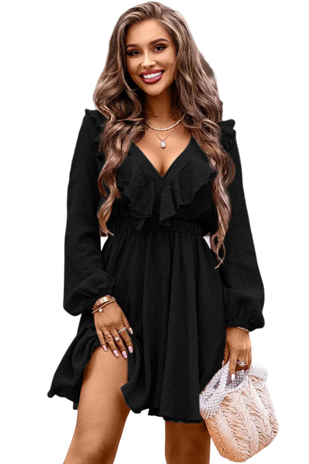 Cali Chic Black Textured Ruffled V Neck High Waist Mini Dress