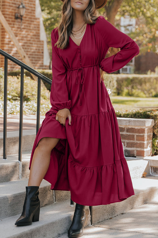 Cali Chic Women Dress Burgundy Solid Long Sleeve Button V Neck Tiered Maxi Dress - Cali Chic