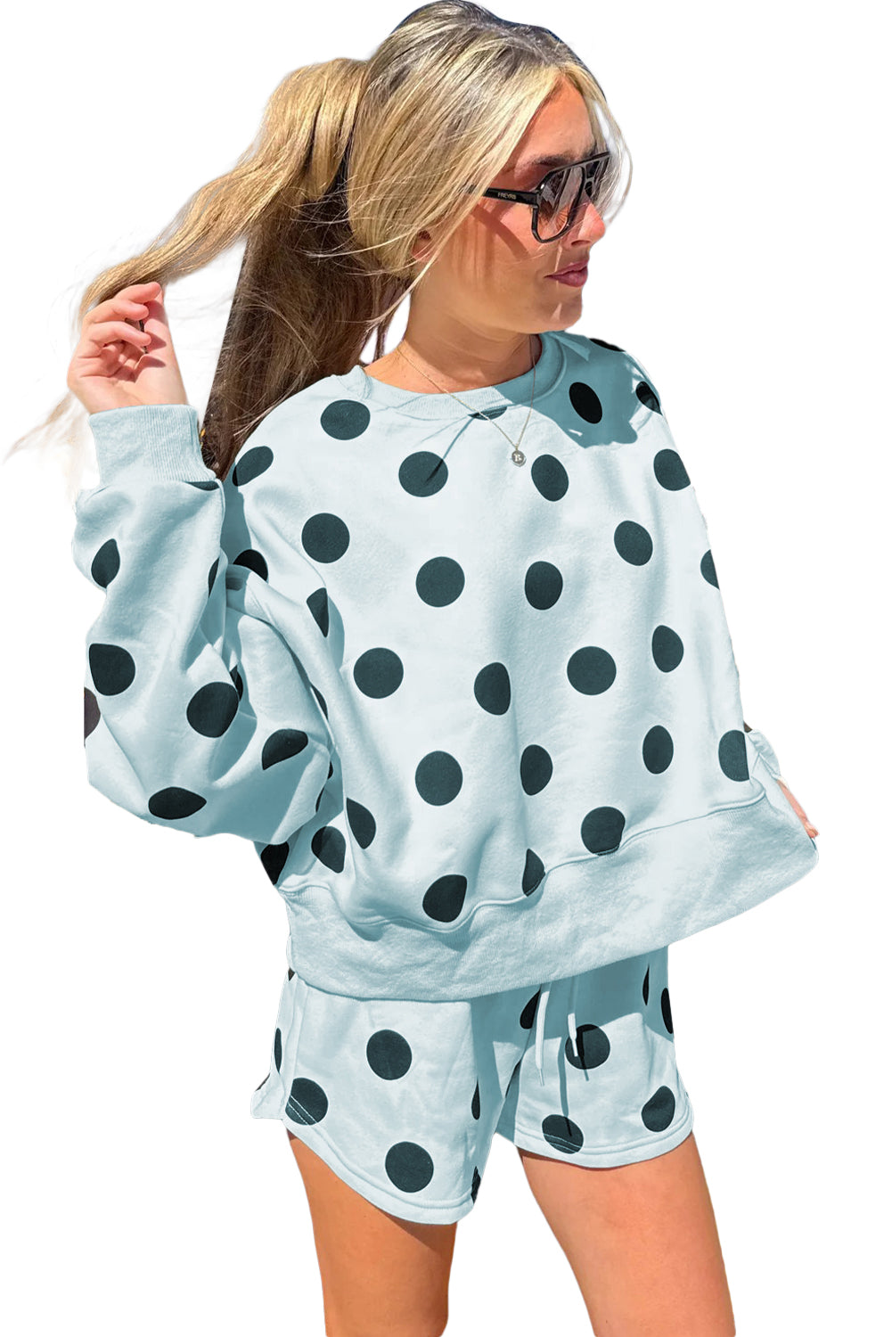Cali Chic Women Sky Blue Polka Dot Print Drop Shoulder Pullover Drawstring Shorts Set - Cali Chic