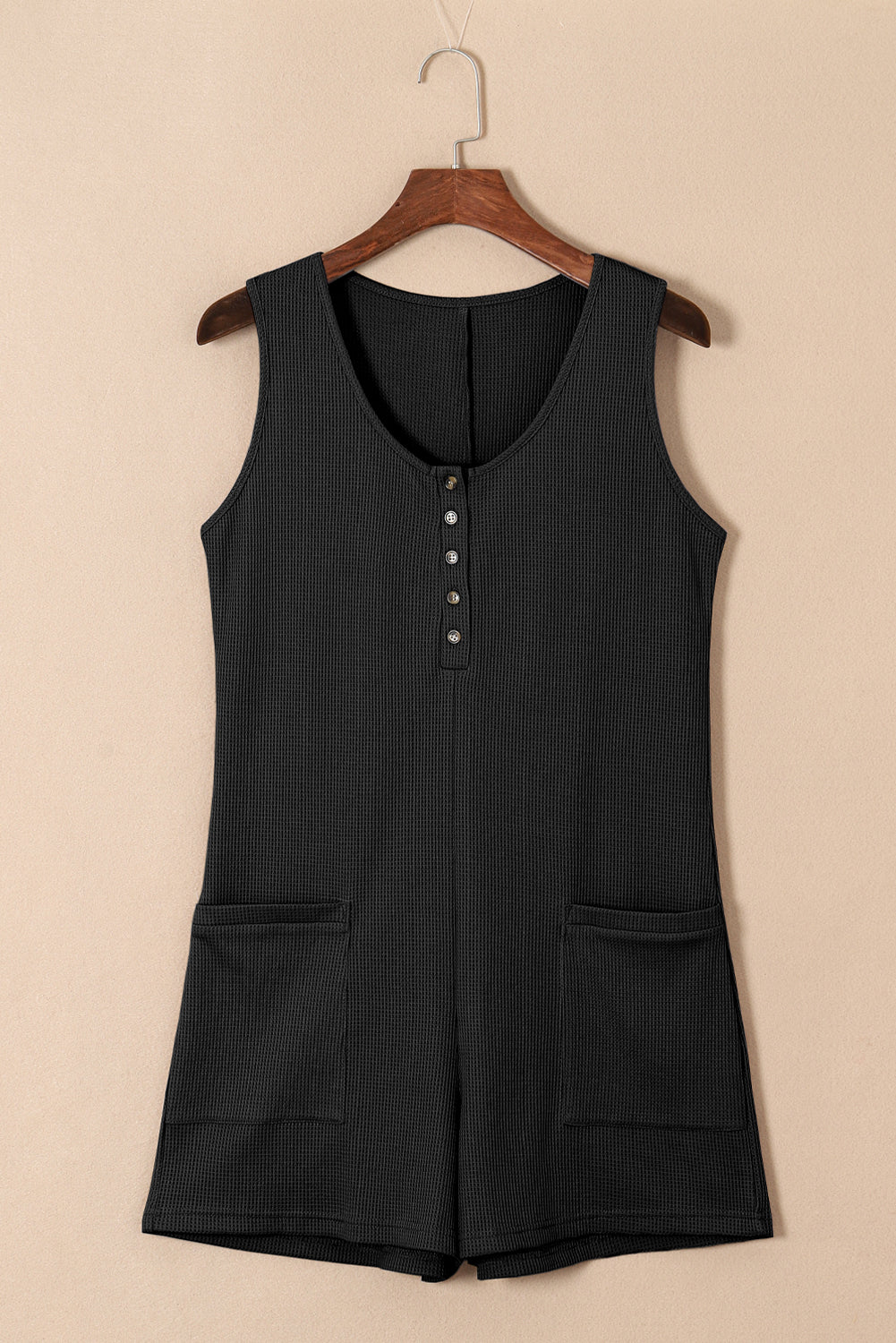 Cali Chic Women Romper Black Waffle Sleeveless U Neck Buttons Romper With Pockets - Cali Chic