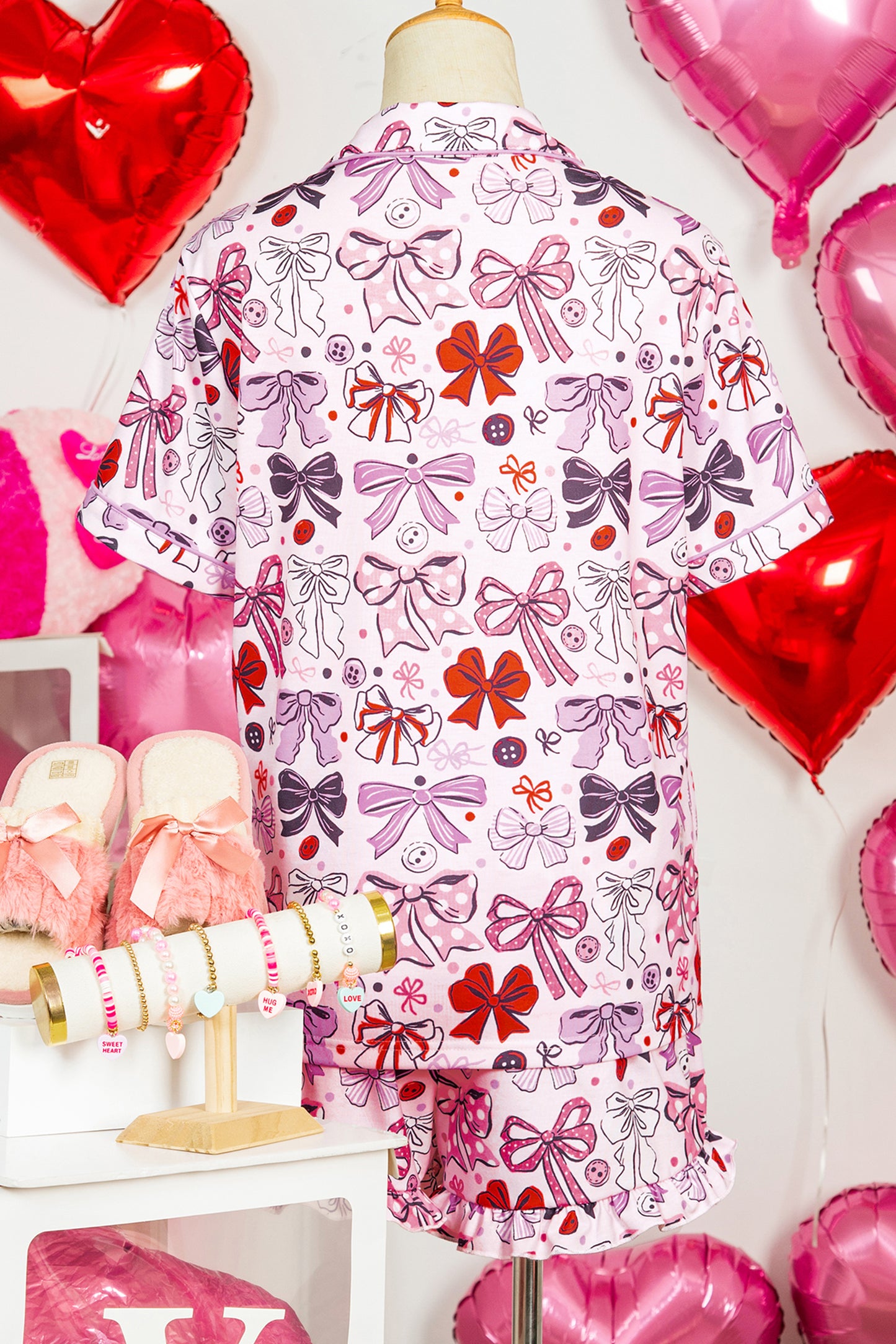 Pink Cute Ribbon Bows Printed 2pcs Short Pajama Set - Cali Chic