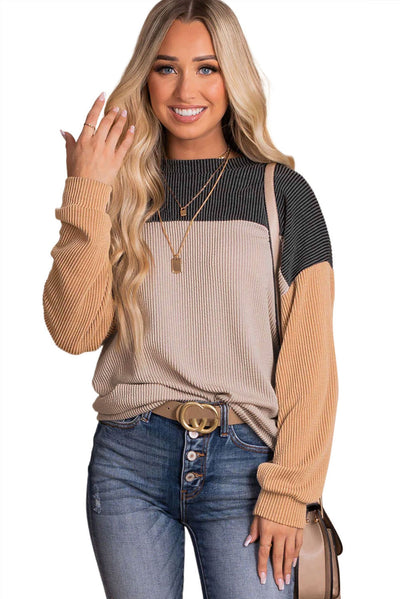 Cali Chic Women Black Color Block Celebrity Long Sleeve Ribbed Loose Top