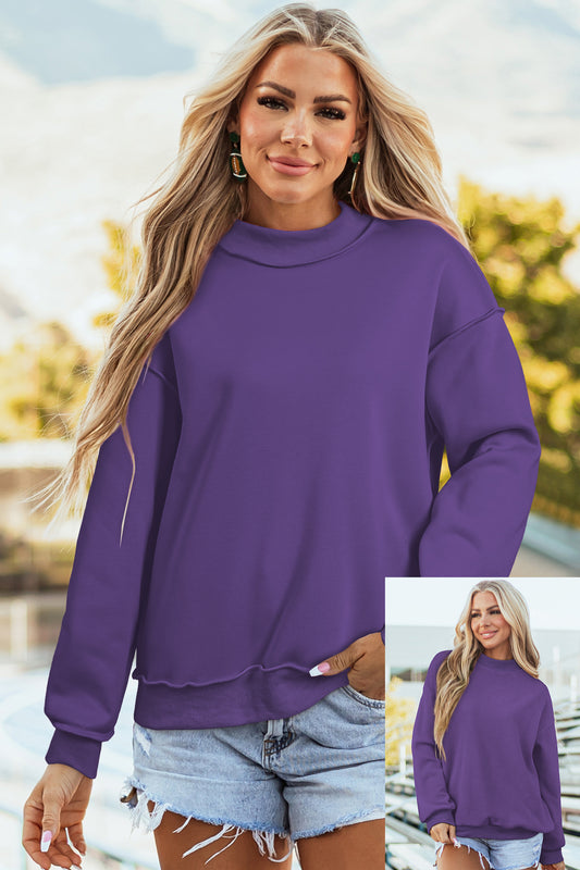 Cali Chic Women Sweatshirt Tillandsia Purple Oversize Drop Shoulder Reversible Mock Neck Sweatshirt - Cali Chic