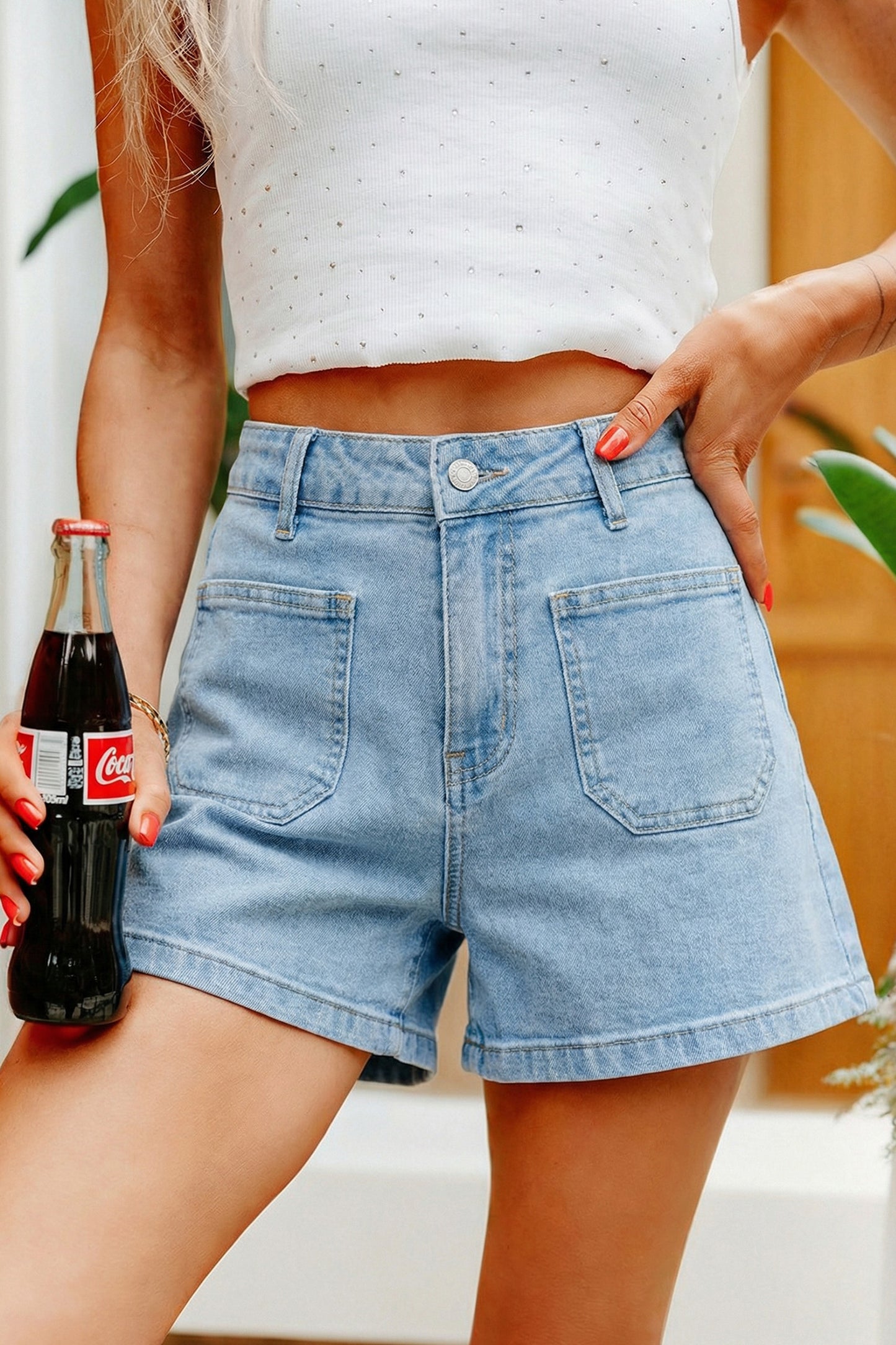 Cali Chic Women Shorts Myosotis High Rise Patch Pocket Denim Shorts - Cali Chic