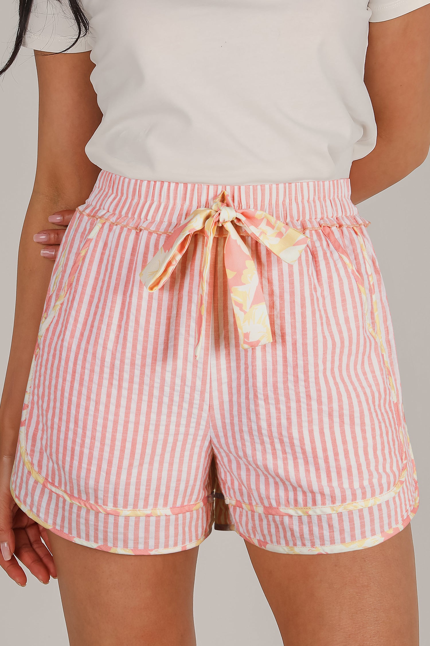 Cali Chic Women Short Light Pink Floral Trim Ribbon Knot Striped Casual Shorts - Cali Chic