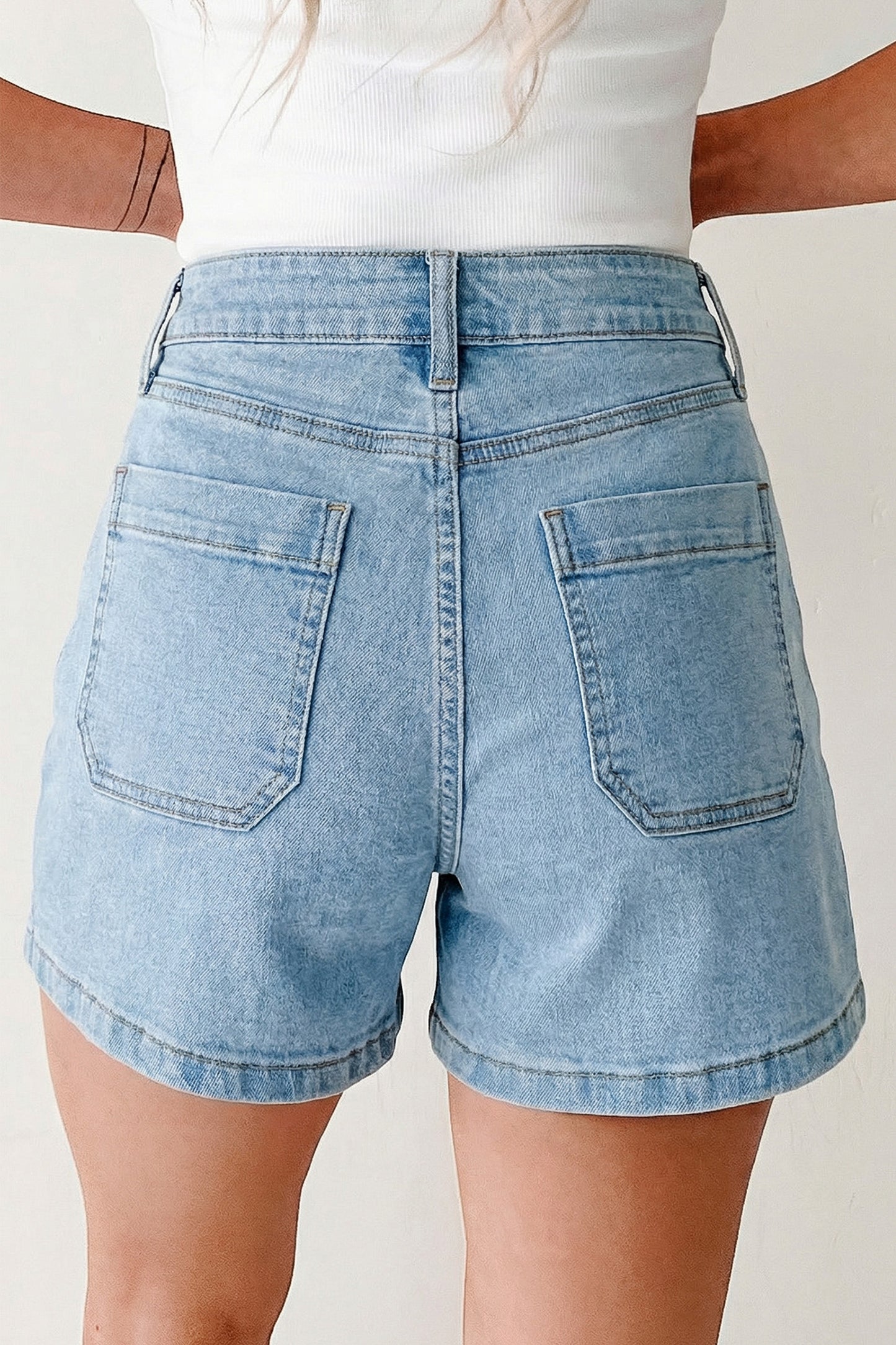 Cali Chic Women Shorts Myosotis High Rise Patch Pocket Denim Shorts - Cali Chic