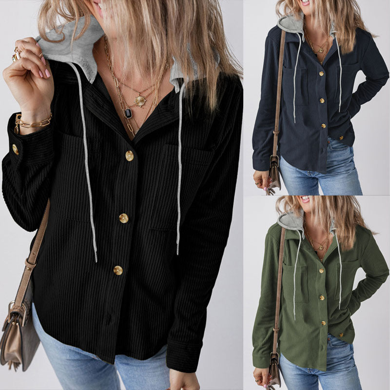 Cali Chic Women Ribbed Knit Hooded Shacket Long Sleeve Button Down Shi