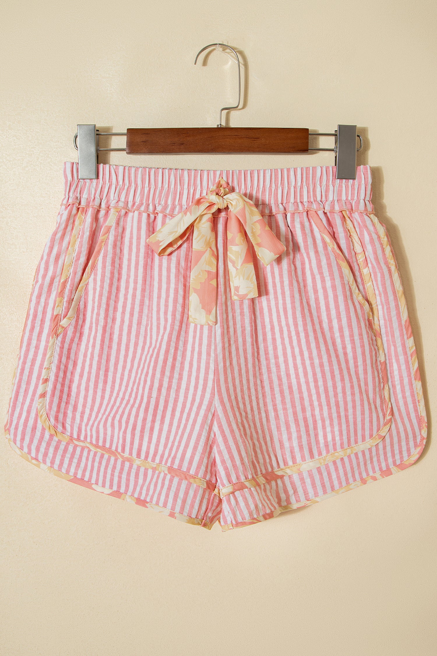 Cali Chic Women Short Light Pink Floral Trim Ribbon Knot Striped Casual Shorts - Cali Chic