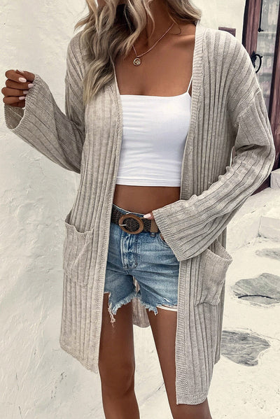 Gray Loose Ribbed Knit Pocketed Open Cardigan