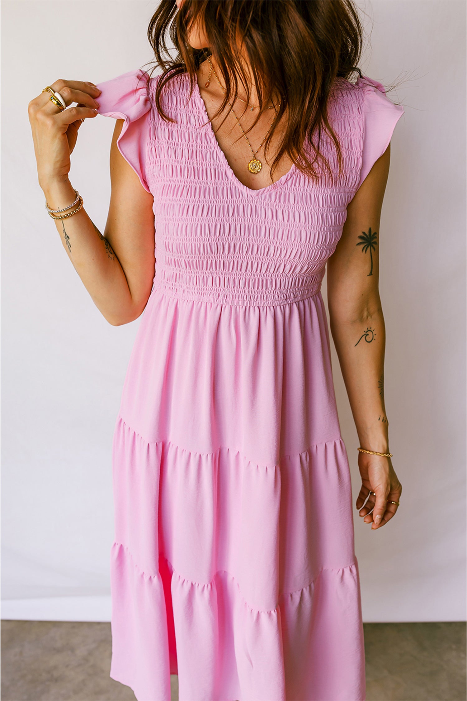 Cali Chic Women Dress Pink Smocked Bodice Flutter Sleeve Fit Flare Tiered Midi Dress - Cali Chic